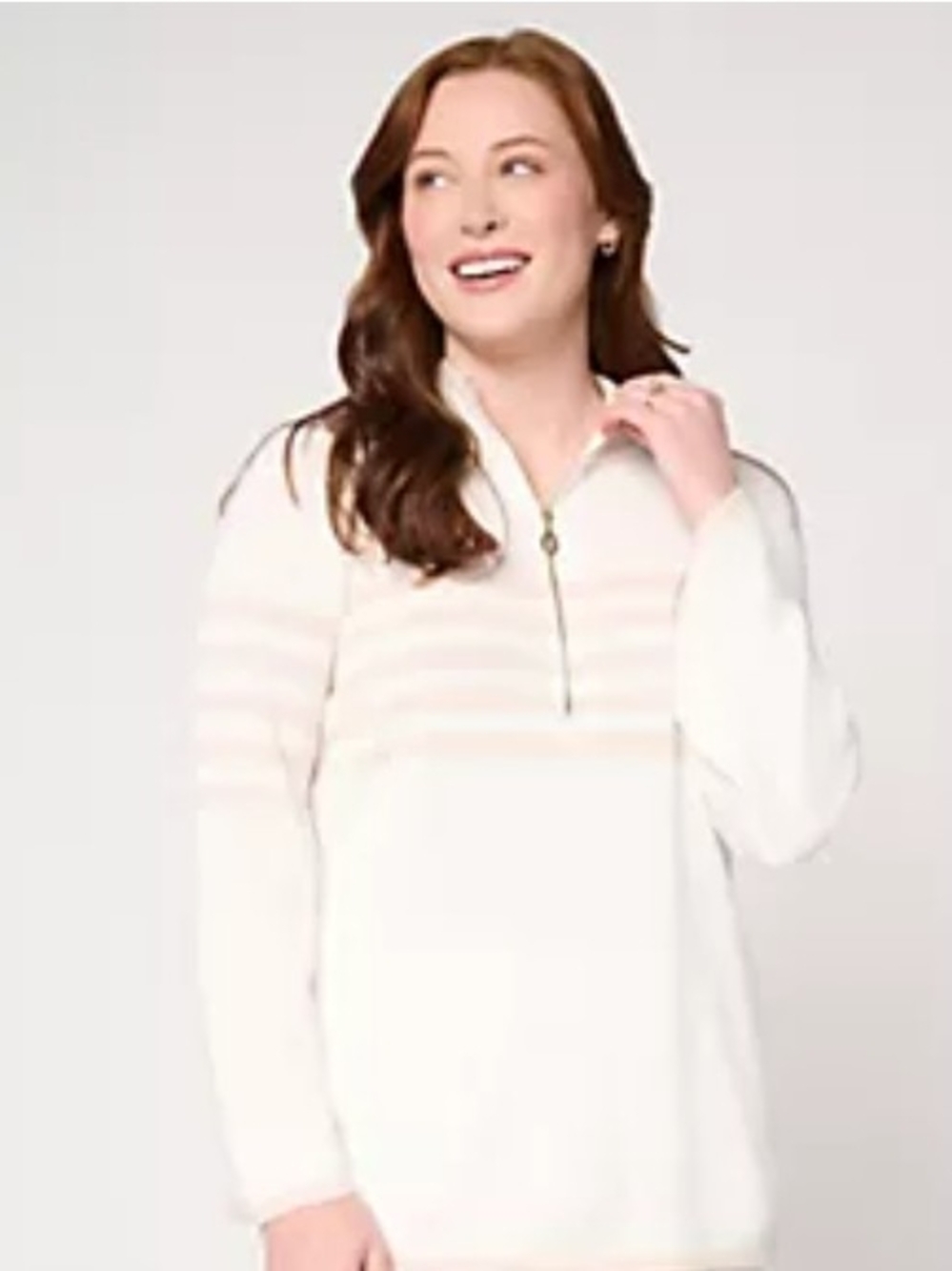 Belle by Kim Gravel Striped Half Zip Sweater in Cream and Beige